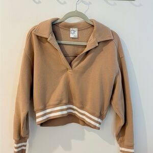 aerie Tan Cropped Pullover Jacket with Contrast Stripes